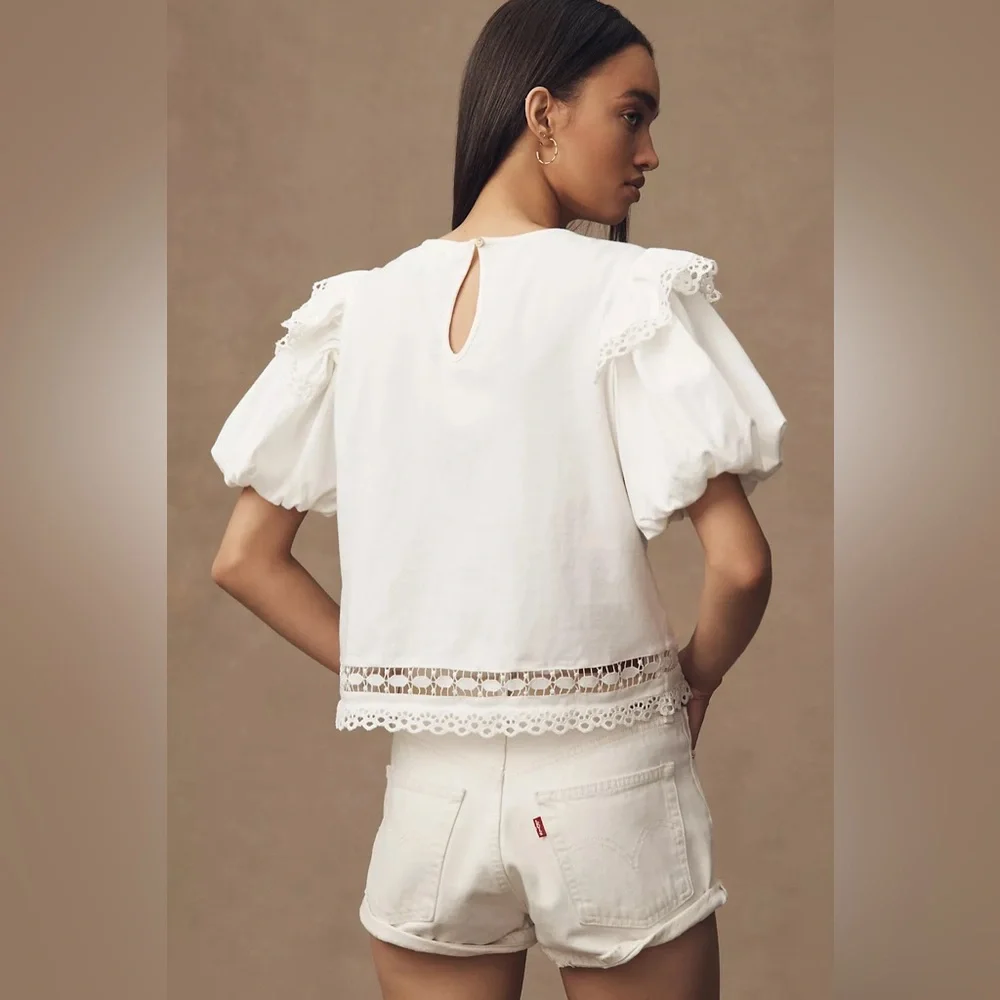 Puff-Sleeve Cutwork Embroidery Top